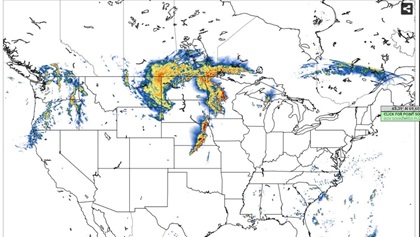 May 12, 2022. The High Resolution Rapid Refresh (HRRR) model shows “future radar” precipitation and storm plots. Above is just one frame in an 18-hour forecast loop. The model updates hourly, and posts radar reflectivity frames for each of the subsequent hours.