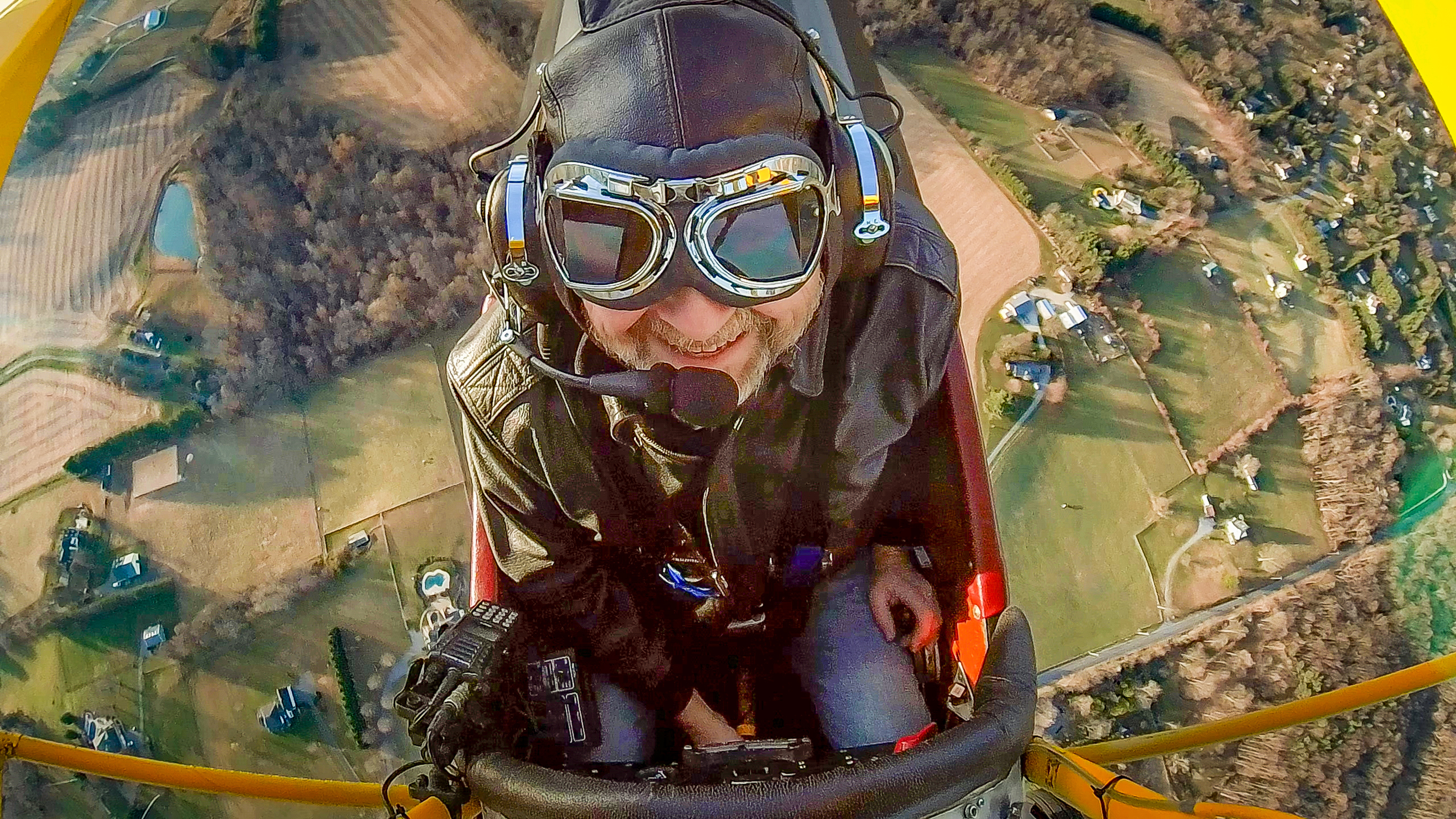Edwin Remsberg. "I mounted a 360-degree camera above me on my Pietenpol Air Camper. I really love to mount the camera and just fly. This is near my farm in Fallston. I like the low and slow thing of my Pietenpol, and I really like an open cockpit. In a spam-can cockpit I feel like you are there to operate the airplane so it can fly, but in an open cockpit you feel like the airplane is a tool that lets you fly.”