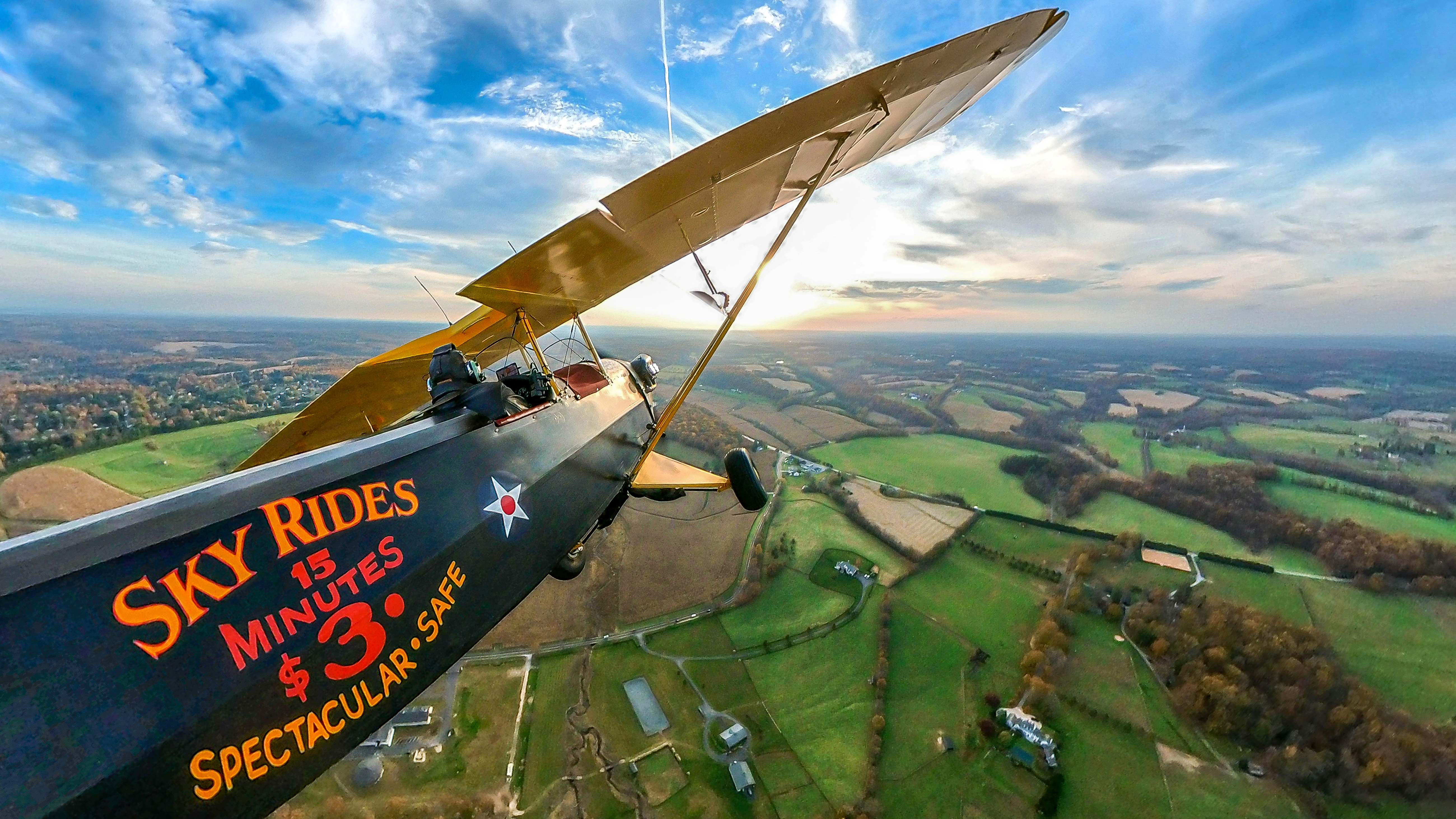 Pietenpol Air Camper over Monkton, Maryland. "The position of the light source is as important as the location of the camera. Photography literally means to write with light. With a remote-mounted 360 camera set to trigger at intervals, I can use the aircraft as a giant flying camera. I flew circles into the sunset until I got the light just right. A banked wing is going to give me that. By the way, the artwork on the airplane came with it; I am not a commercial pilot and I don’t offer rides, but it sure is a conversation starter.”