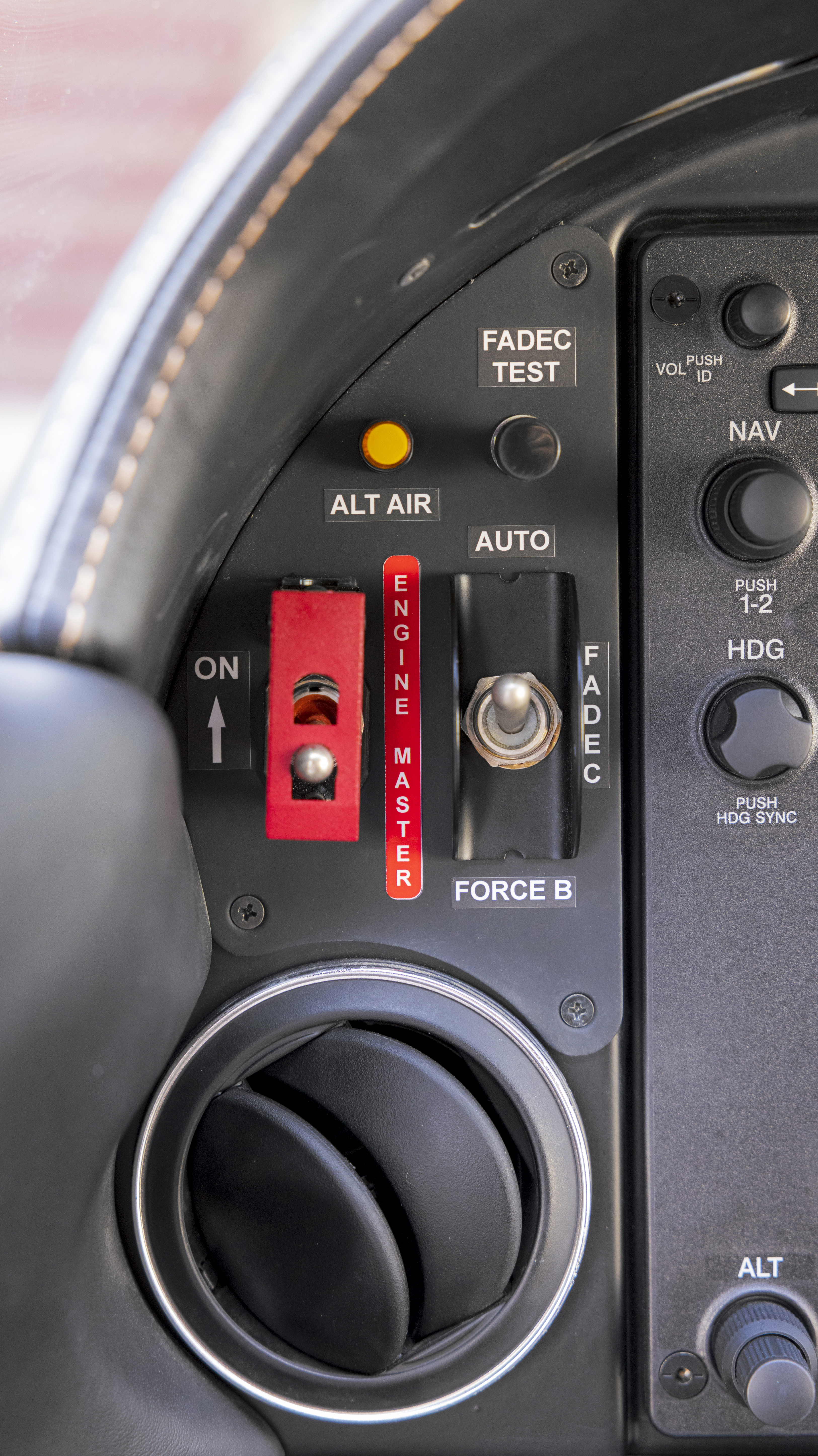 Dual-channel FADEC controls include a guarded On/Off switch, channel selector, and a test button.