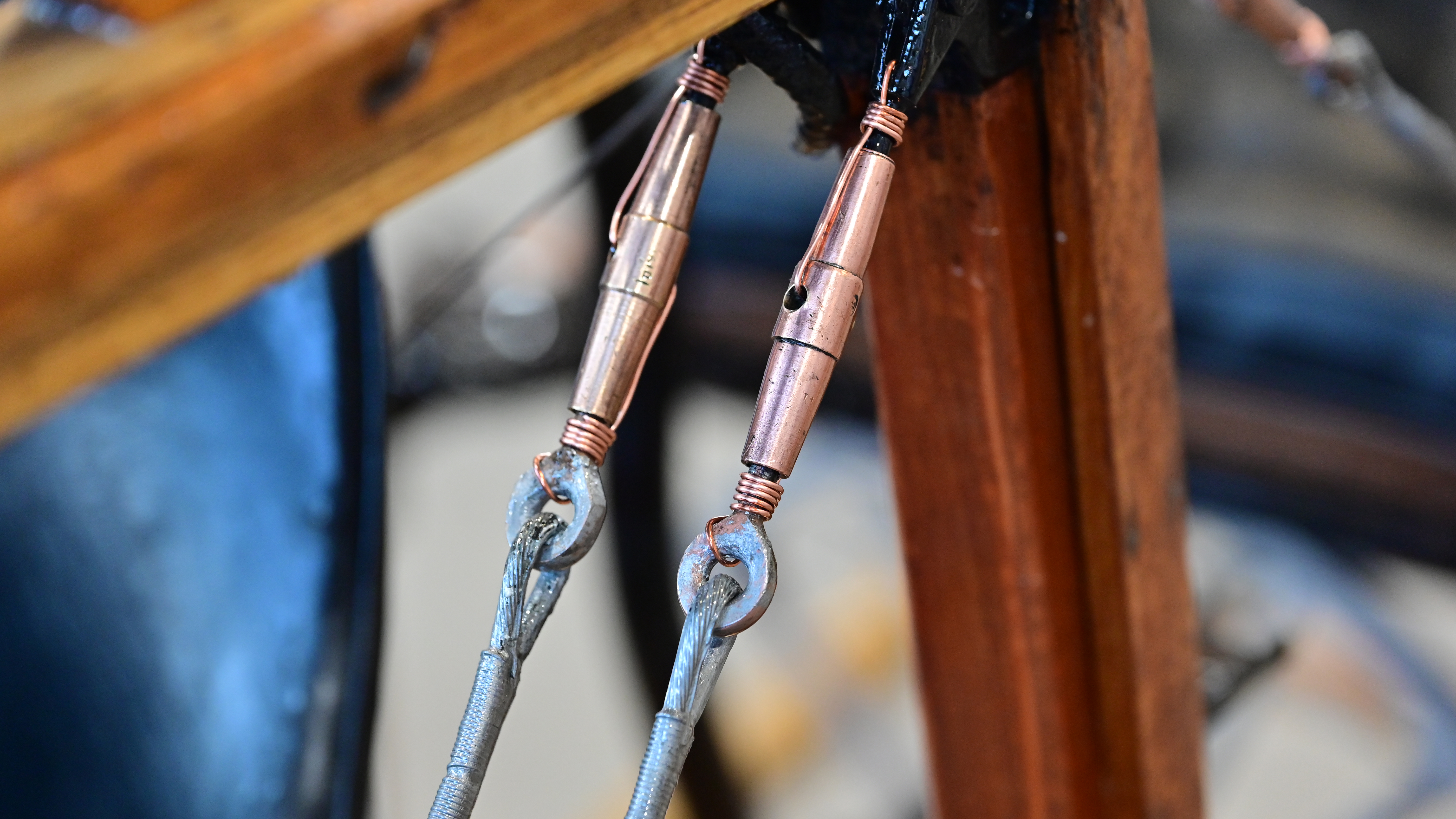 Cleaned original fuselage turnbuckles with safety wire wraps. Simmons often relies on old photographs as a main source of guidance for his work.