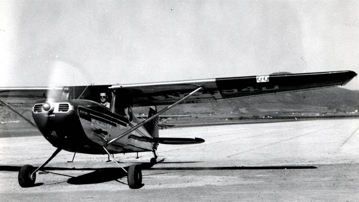 U.S. Forest Service pilot John F. Wear taxiing an aerial detection survey Cessna 170B at the Hillsboro airport in Oregon in 1954. (USDA Forest Service, Pacific Northwest Region, state and and private forestry, forest health protection.) 