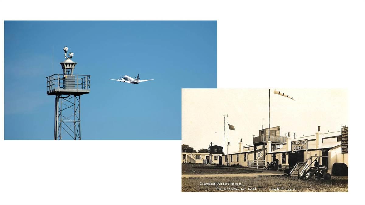 The world’s first control tower at Croydon Airdrome, U.K., was 15 feet tall and staffed by controllers who tracked flights on maps with pins and flags. The first remote-controlled tower using live cameras was designed by Saab. (SAAB/Historic Croydon Trust)
