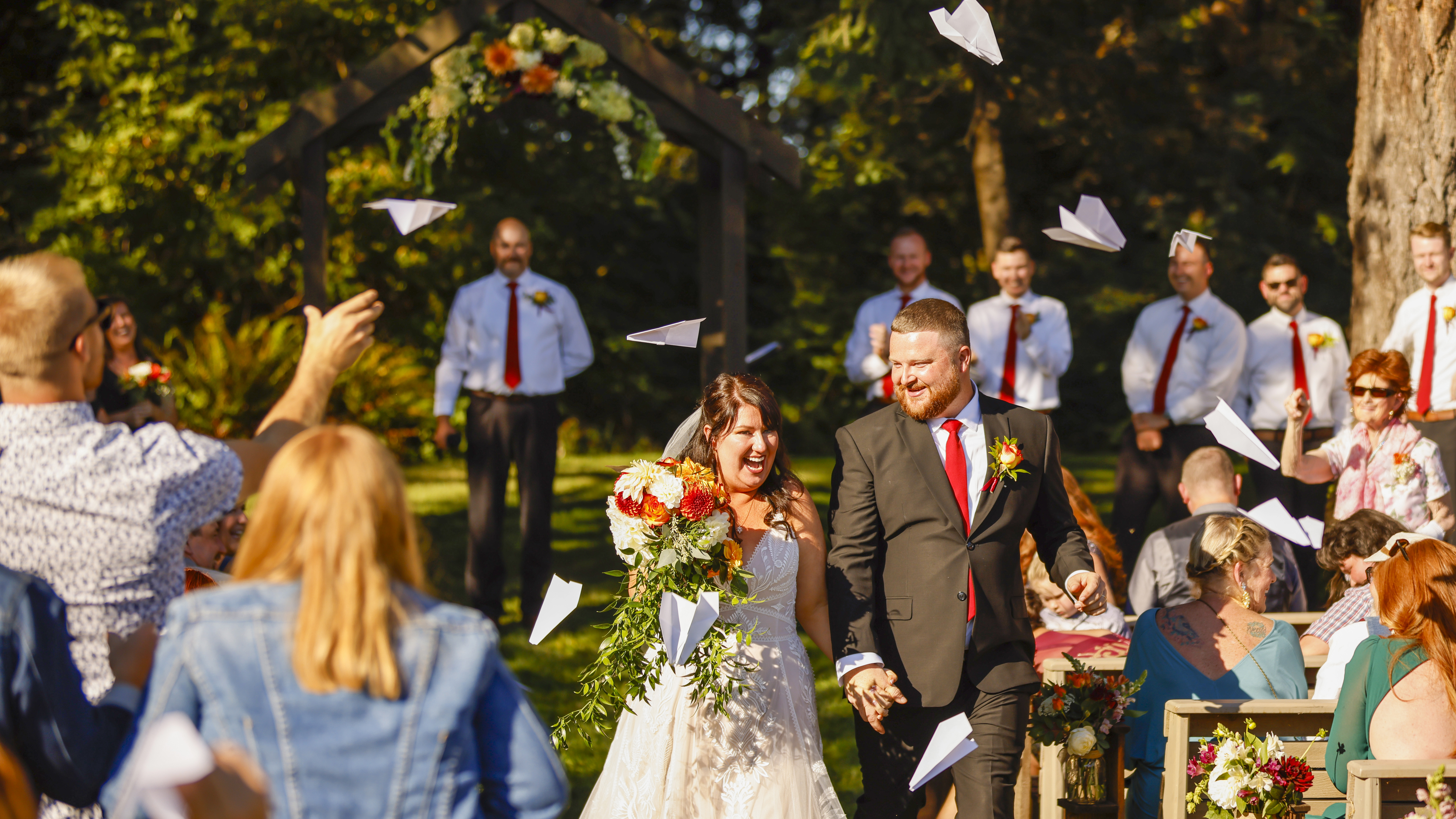 Paper airplanes heralded the new couple.