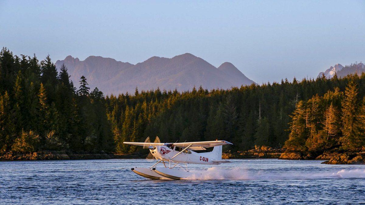 Taking off from Tofino Inlet, Meares Island in the background. (Jeremy Koreski)