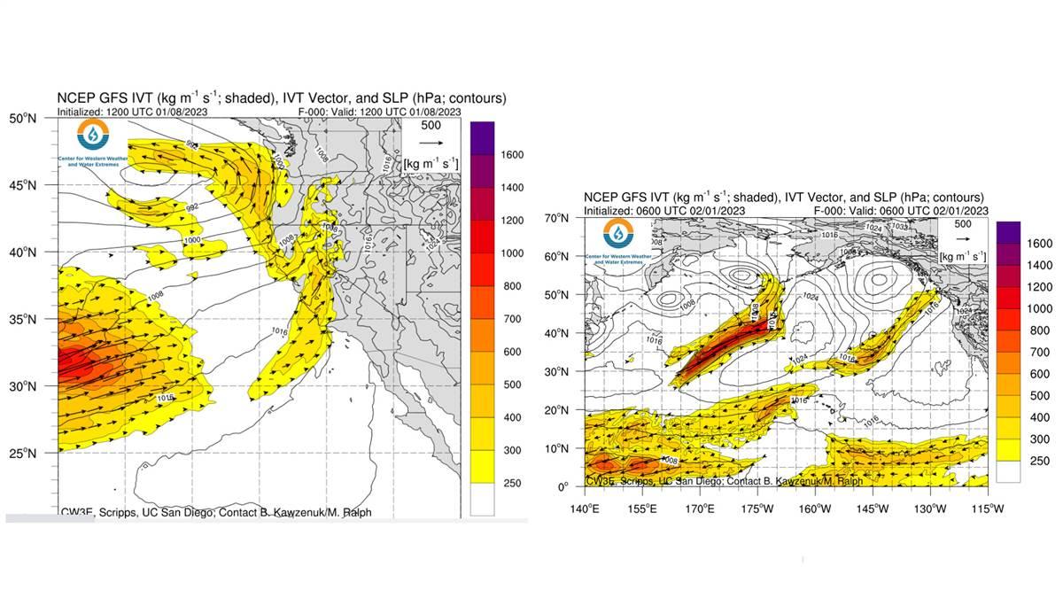 Here’s a look at the January 8, 2023, setup (left). The darker the shades, the more the water suspended in the atmosphere. I looked at this to see the trend as our trip to Joby manufacturer in California approached. As you can see, the remnants of the last “river” are still over central and northern California. I was hoping against hope that that tongue of yellow and red (the darker the shades, the more the moisture transport) would hold off long enough to provide a gap for our visit three days later. Alas, it was not to be. The second view is from February 1, 2023; now you can see that a surface high off the California coast is blocking the rivers to the west, keeping them on headings to Alaska and the equatorial region. Center for Western Weather and Water Extremes. 