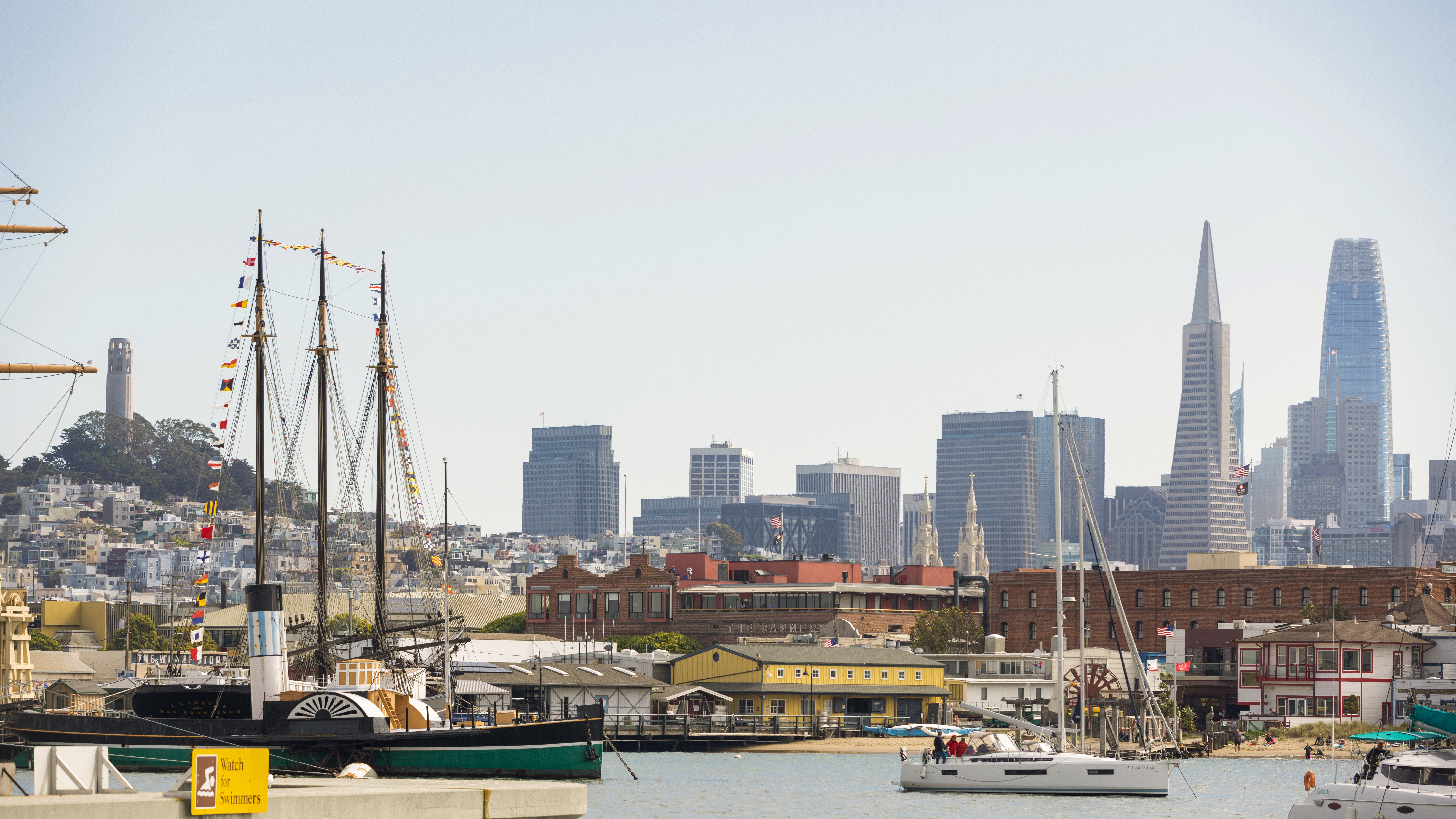 Fisherman’s Wharf is home to iconic California scenes: Coit Tower, the pyramid-shaped Trans America Building. 