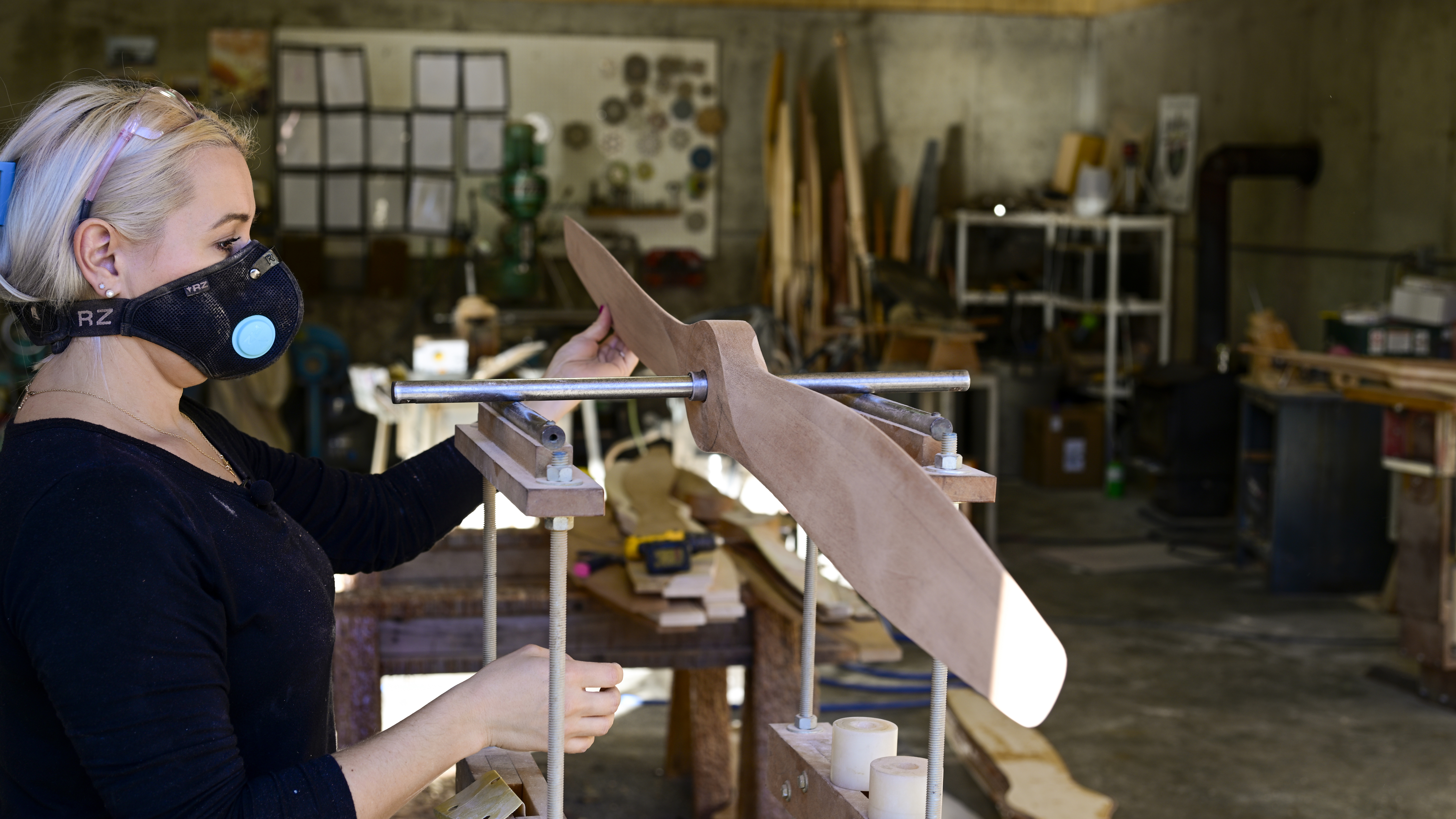 "Sanding and balancing, sanding and balancing" are among the final steps as a propeller nears completion.