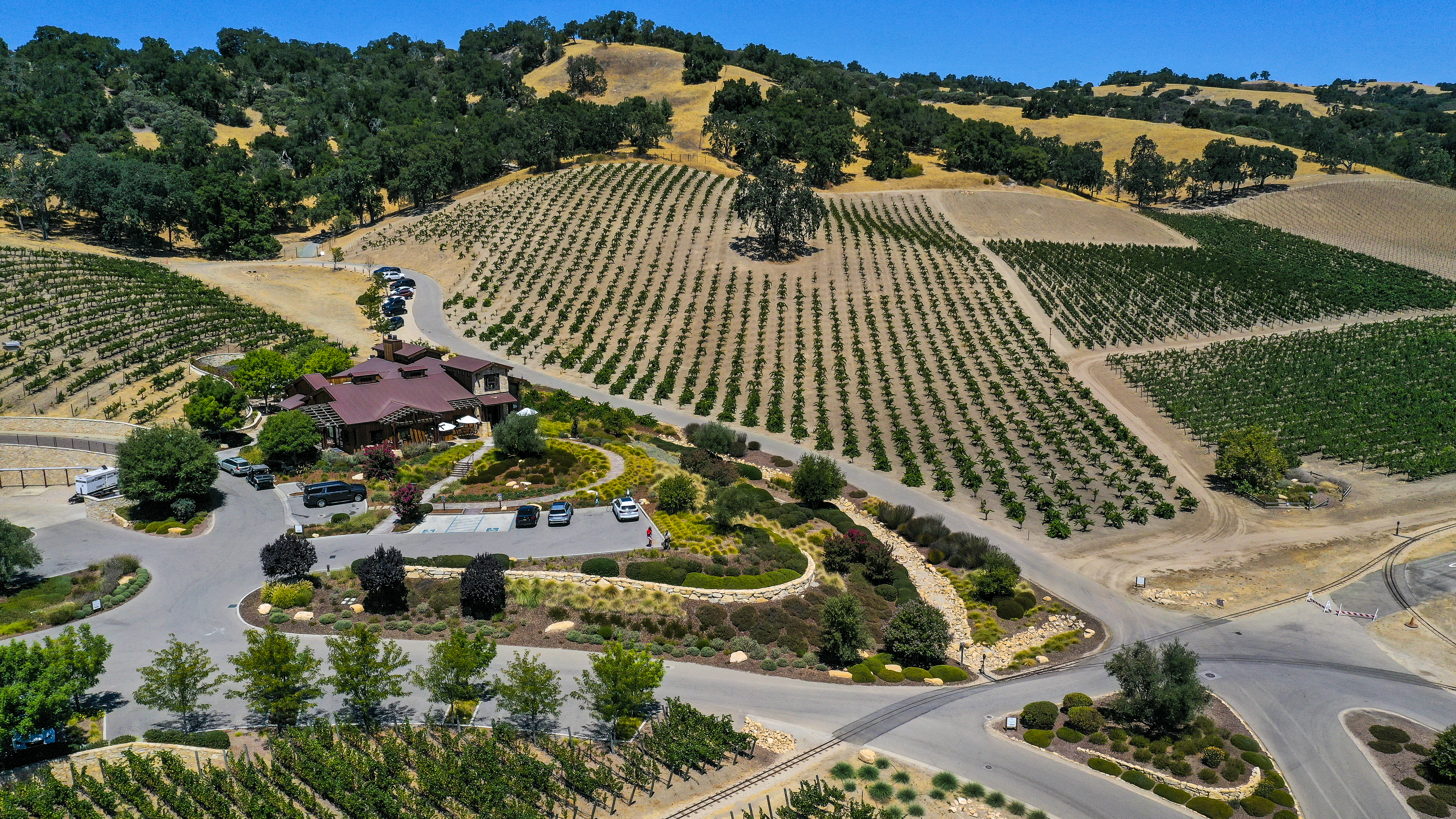 An aerial view of the vineyard and tasting room.