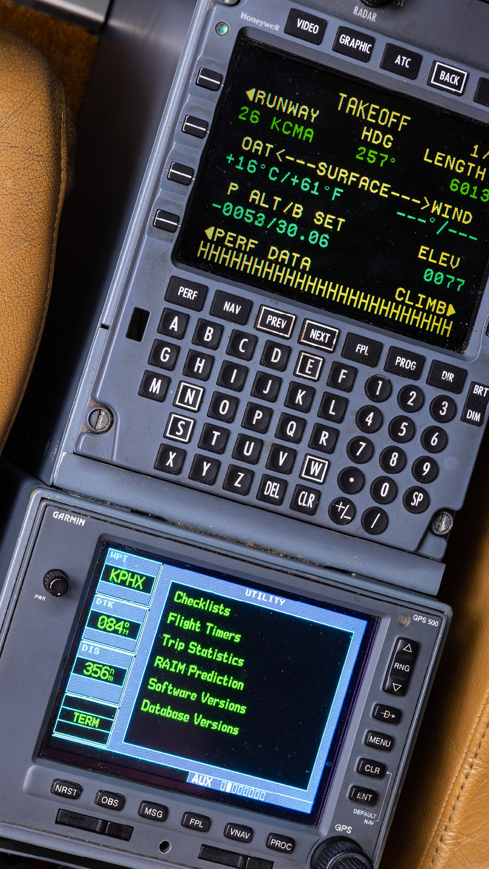 Honeywell and Garmin flight management systems grace Howard’s center console.