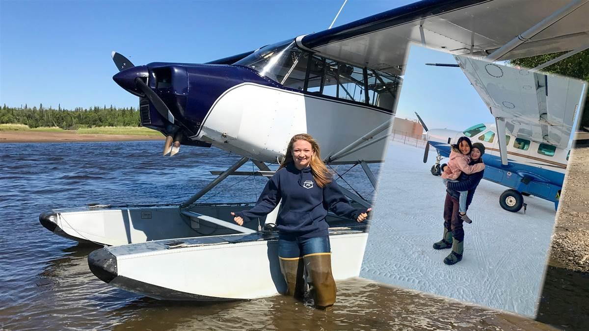 Lydia Jacobs, left, and right with a company Cessna Caravan and a favorite local passenger.