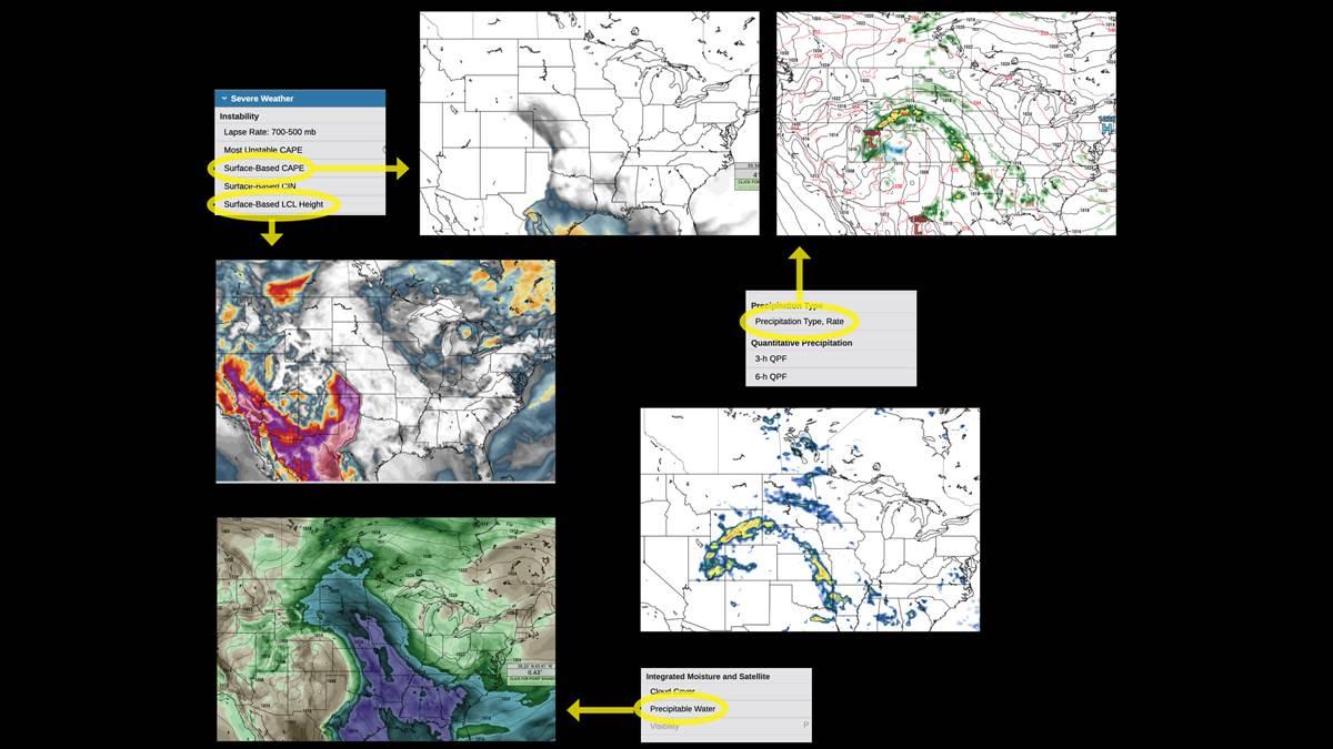Some model views of forecast variables for the same hour, clockwise from top left: CAPE (warmer shades indicate higher instability, so this model view isn’t as aggressive as the others in predicting convection); forecast surface analysis; a High Resolution Rapid Refresh (HRRR—updated hourly) prediction of “future radar” imagery; PWAT (darker shades show higher atmospheric water content); Lifted Condensation Level (red and purple shades are low cloud layers).