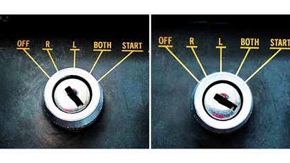 Left: The ignition switch position as observed by accident investigators. Right: The ignition switch in its proper Off position.