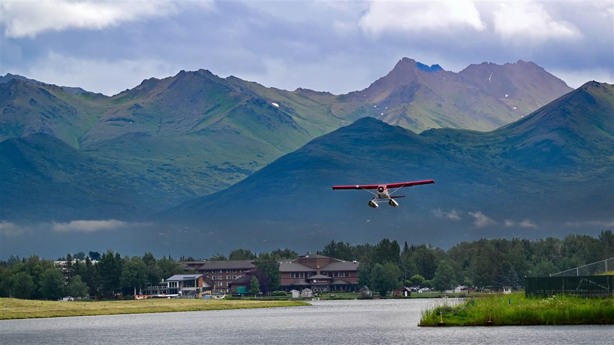 A de Havilland DHC–2 Beaver departs the Lake Hood Seaplane Base in Anchorage, the world's busiest seaplane base.