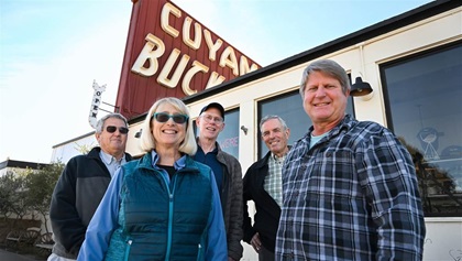 Blue Sky volunteers including (clockwise) Nancy Schunke, Jim Mitchell, Kevin Shaw, Steve Sappington, and Mike Kent have pitched in to bring the New Cuyama Airport back to life.