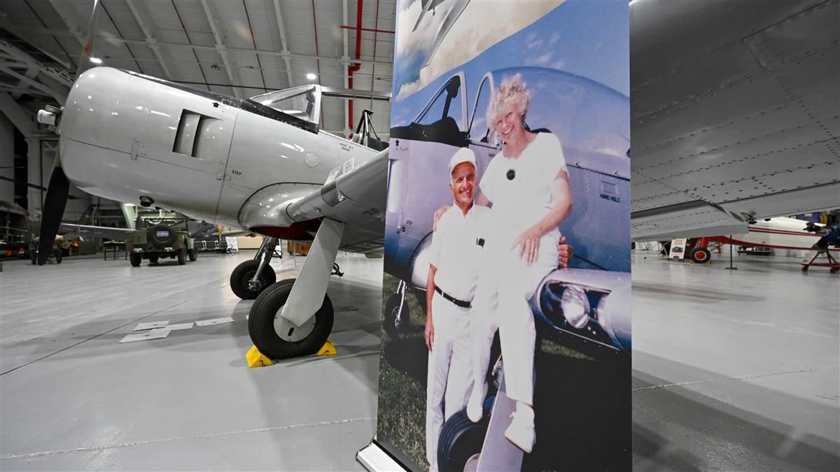 The display of the unique Fairchild XNQ in the Hagerstown Aviation Museum features a portrait of previous owners and restorers Don and Ann Pellegreno.