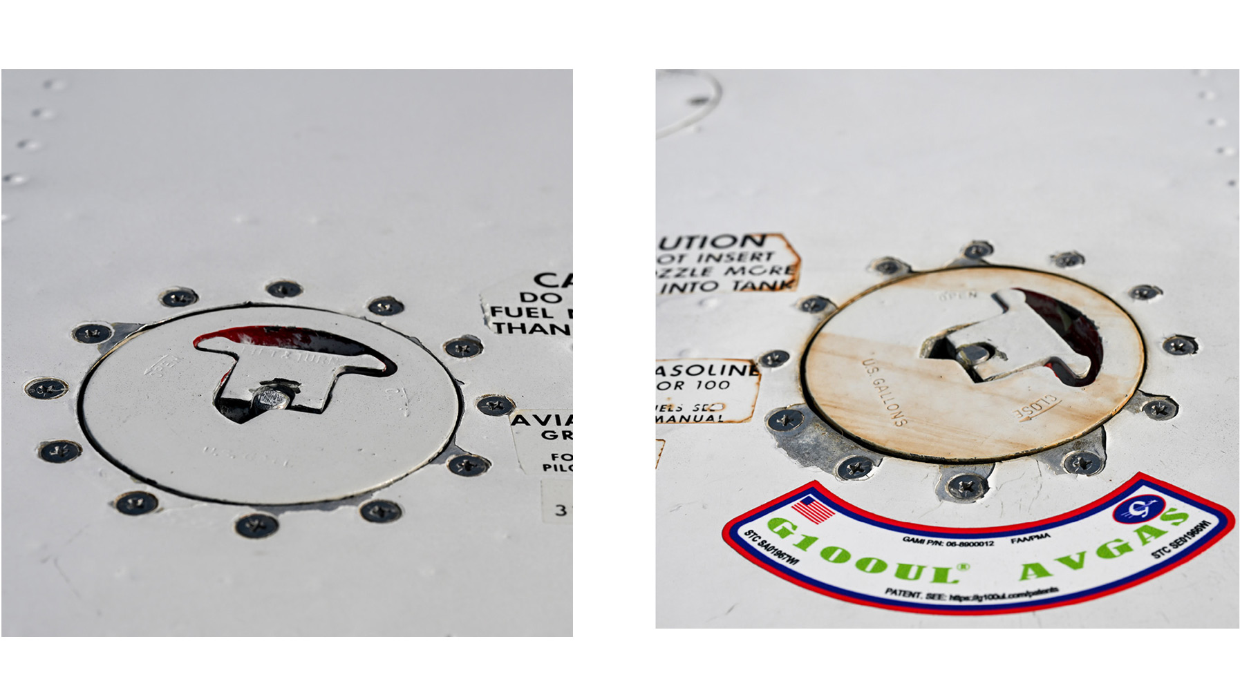 Demonstrating G100UL over 200 hours uncovered a few points of interest, including heavily stained fuel caps (above). The cap on the left was the side with 100LL. The bladder with G100UL leaked while the airplane was on display at EAA AirVenture, but analysis of the cause was inconclusive and related to an old patch. 