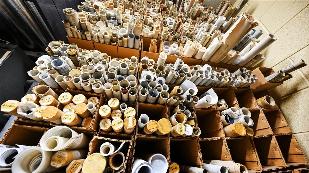 Blueprints and certification documents for the many makes, models, and manufacturing years the company offers supplies and parts for. Photography by David Tulis.