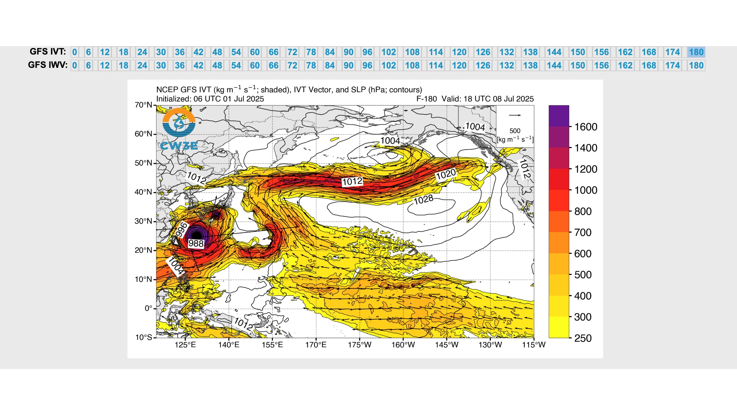 Computer models help predict locations of atmospheric rivers a week into the future. Here we see a Category 5 event on its way to the Pacific Northwest. When it draws nearer to shore, Doppler, datalink, and airborne weather radars will provide real-time views of precipitation contours. Illustration by Center for Western Weather and Water Extremes.