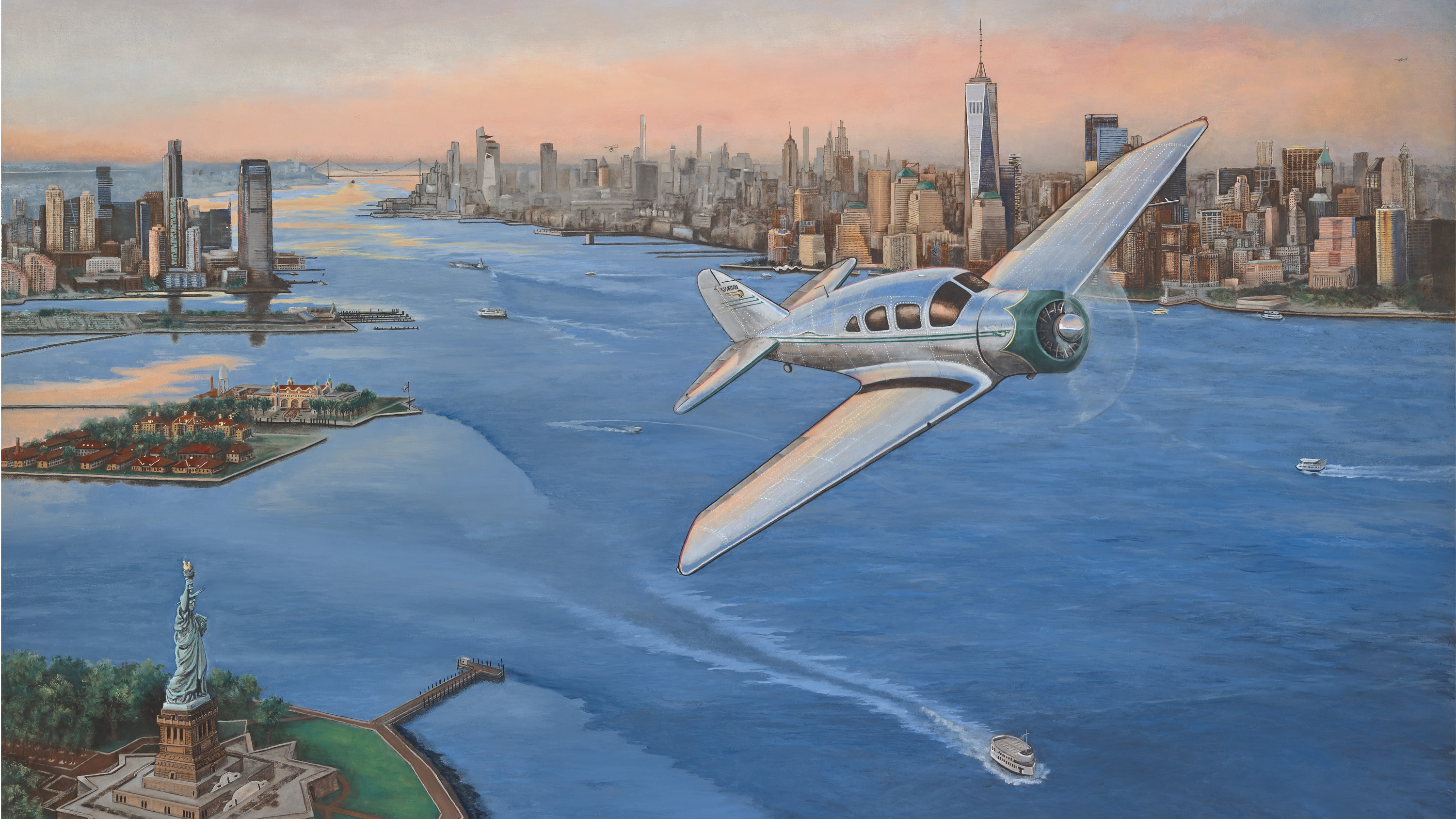 Freedom to Fly: A Spartan Executive flies above the Statue of Liberty with a backdrop of today’s New York City skyline at dusk.