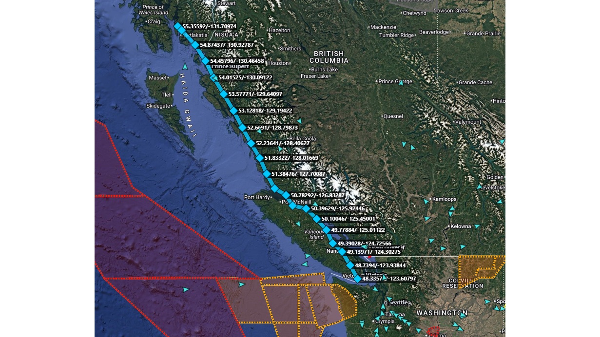 N9114A's flight path from Ketchikan, Alaska, toward Port Angeles, Washington.