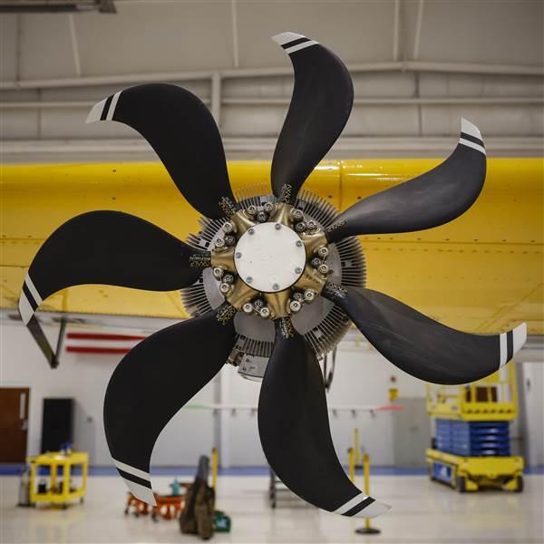 Eight propellers push accelerated air over the EL2's wings, tricking them into behaving as thought the aircraft were flying at a far faster speed than it really is. Photo by Chris Rose