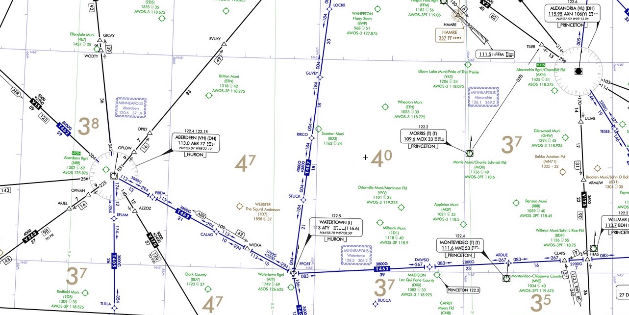 The low-altitude IFR chart around Watertown, South Dakota, shows blue T-routes that complement or replace VOR airways.