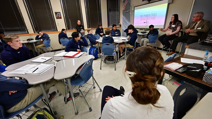 Guest pilots Jane and John Dyer talk about aviation with students at Greenville Technical Charter High School, a South Carolina high school utilizing the  AOPA Foundation You Can Fly High School Aviation STEM Curriculum, in Greenville, South Carolina. Photo by David Tulis.