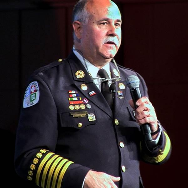 Charles Werner speaks during a keynote session at the Association of Unmanned Vehicle Systems International Xponential conference in Denver on May 1, 2018. Jim Moore photo.