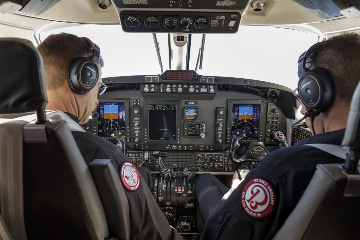 In-Flight cockpit photography of the Textron Beechcraft Special Missions King Air 350ER with the Collins Proline 21 avionics package. Pilot Errol Wuertz and copilot Luke Scott flying over Arkansas.Unknown aiport ArkansasFrederick MD USA