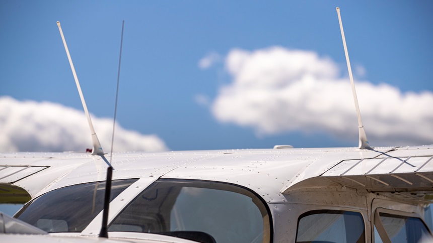 Visible on this Cessna 172 are, from left, a communication rado antenna, ELT antenna, GPS antenna, and a second com antenna. Photo by Chris Rose.