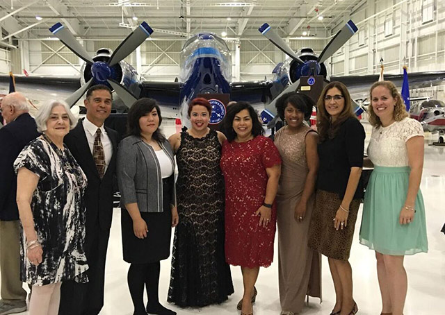 Wings over the Alamo’s Sherry Wagner; Hispanic Association of Aerospace and Aviation Professionals’ Jaime Pacheco; Gabby Borrego, youngest member of the Women in Aviation International-Alamo Chapter and recently accepted into the Alamo Area Aerospace Academy; WAI-Alamo Chapter president and Stinson Airport Advisory Commission member Melinda Vasquez; San Antonio Councilwoman Rebecca Viagran; WAI-Alamo Chapter board memberLina Prado; U.S. Air Force Lt. Col. Olga Custodio; and AOPA Central/Southwest Regional Manager Yasmina Platt gather in front of N500LN, one of two Howard 500 aircraft on display. Photos courtesy of Yasmina Platt.