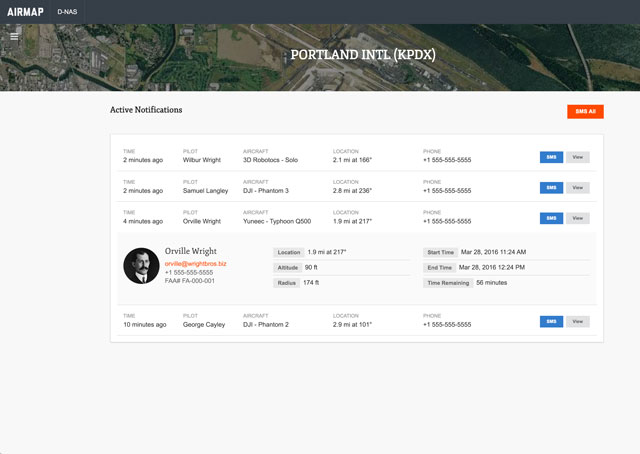 Airport staff can view nearby unmanned aircraft activity using a digital dashboard created by AirMap. Image courtesy of AirMap. 