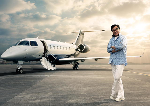 Brand ambassador, actor, and philanthropist Jackie Chan was the first customer in China to take delivery of the new Embraer Legacy 500 midsize business jet, which features fly-by-wire technology, Rockwell Collins Pro Line Fusion avionics, and a flat-floor cabin for its eight passengers. Photos courtesy of Embraer.