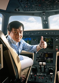 Brand ambassador, actor, and philanthropist Jackie Chan was the first customer in China to take delivery of the new Embraer Legacy 500 midsize business jet which features fly-by-wire technology, Rockwell Collins Pro Line Fusion avionics, and a flat-floor cabin for its eight passengers. Photo courtesy of Embraer.