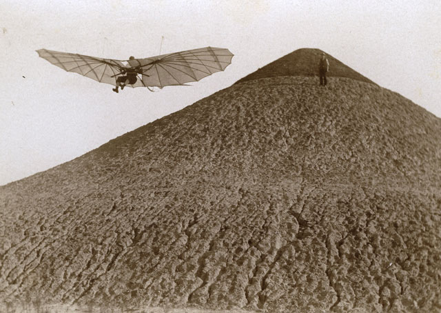 Otto Lilienthal in flight, 1894. The photo was taken near Berlin, Germany, where Lilienthal had built a hill specifically to launch his gliders. Photo courtesy of DLR.