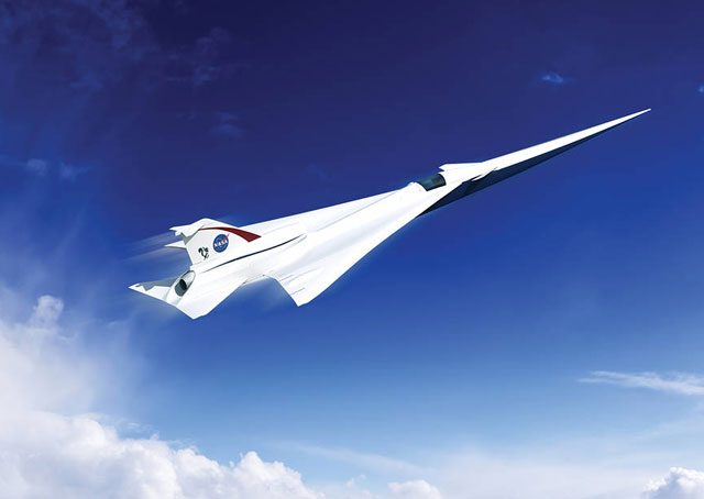 This is an artist’s concept of a possible Low Boom Flight Demonstration Quiet Supersonic Transport (QueSST) X-plane design. The award of a preliminary design contract is the first step toward the possible return of supersonic passenger travel, but this time quieter and more affordable. Image by Lockheed Martin, courtesy of NASA.