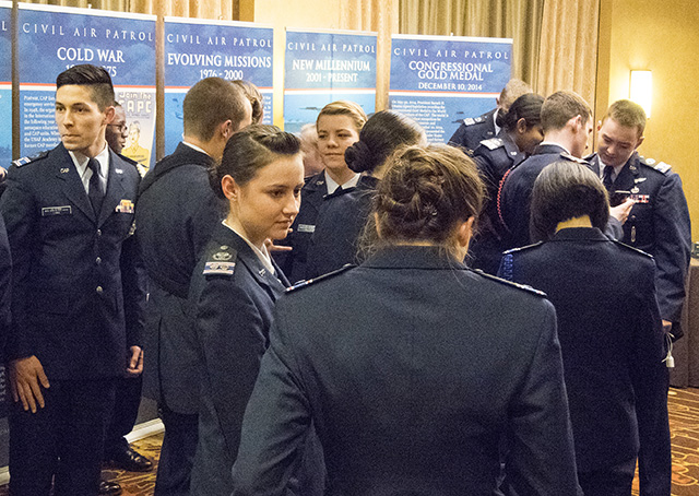 Civil Air Patrol cadets mingle at an anniversary celebration in Crystal City, Virginia. Photo by David Tulis.
