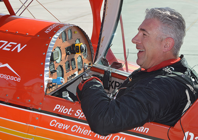 Airshow performer Spencer Suderman celebrates his 98 inverted flat spins after landing March 20. Photo courtesy of Spencer Suderman.