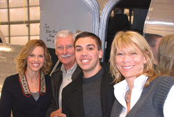 Hilary Swank, left, who plays Amelia Earhart in the movie Amelia, poses with Joe Shepherd, Adam Fellabaum, and Michelle Shepherd.