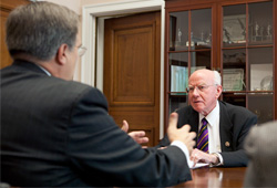 AOPA President Craig Fuller explains AOPA's support for H.R. 915 to aviation subcommittee member Rep. Vern Ehlers (R-Mich.)