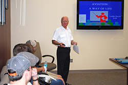 Ladde Mayer gave a presentation about aerodynamics at a Birmingham Southern College aviation career event for incoming freshmen.