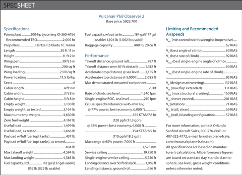 Vulcanair P68 Oberserver 2 specifications