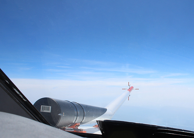A probe attached to a Cessna Citation emits ultraviolet laser light. The backscatter reveals disturbances in clear air. Photo courtesy DLR
