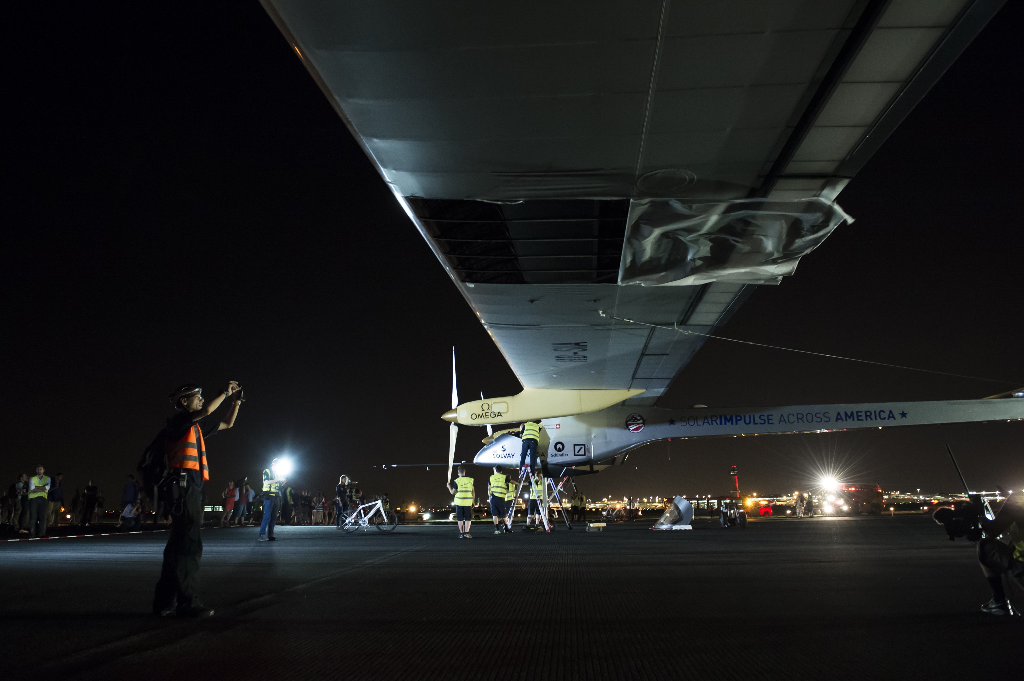 Solar Impulse landed at JFK with a tear on the lower portion of the left wing. Copyright Solar Impulse.