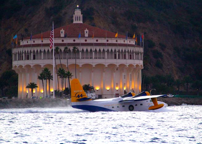 The Catalina Air Show debuted in 2012, with an aerobatic box over Avalon Bay. A Grumman Albatross lands in the bay. Photo by Dan Teckenoff