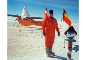 Bunny Boots and a down-filled flight suit protected Mortvedt from brutal cold on his way to the North Pole in April. Photo courtesy Art Mortvedt.