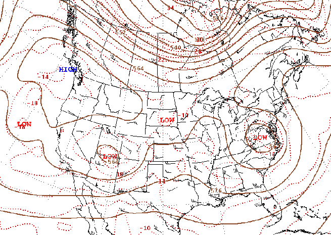 The culprit cutoff low at 500 millibars/18,000 feet, parked over the mid-Atlantic states. Meanwhile, the main jet stream flow&mdash;represented by the closely spaced height contours on this constant-pressure chart&mdash;is far to the north.