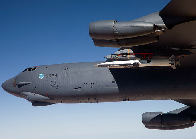 The X-51A WaveRider was carried to altitude by a B-52H, accelerated to Mach 4.8 by a booster rocket, and transitioned to scramjet power and logging three and a half minutes at Mach 5.1. U.S. Air Force photo/Bobbi Zapka.