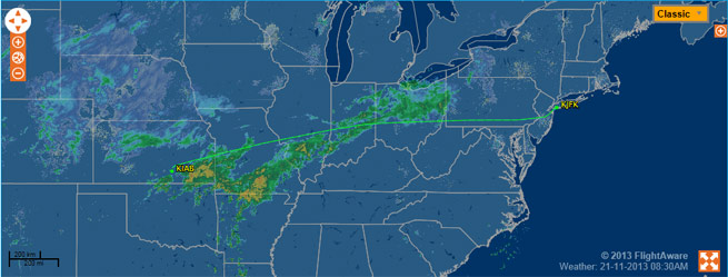 FlightAware track of the Atlas Air Boeing 747 Dreamlifter that mistakenly landed at Colonel James Jabara Airport in Wichita, Kan.